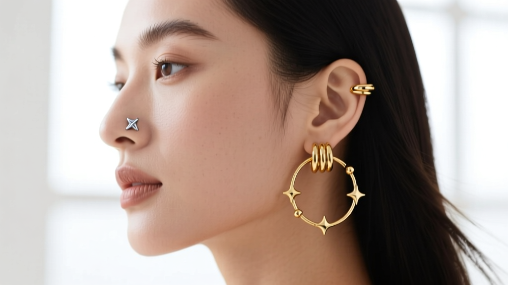 Close-up profile of a woman wearing an 18-gauge titanium nose stud and a curated ear constellation of matching gold huggie hoops.