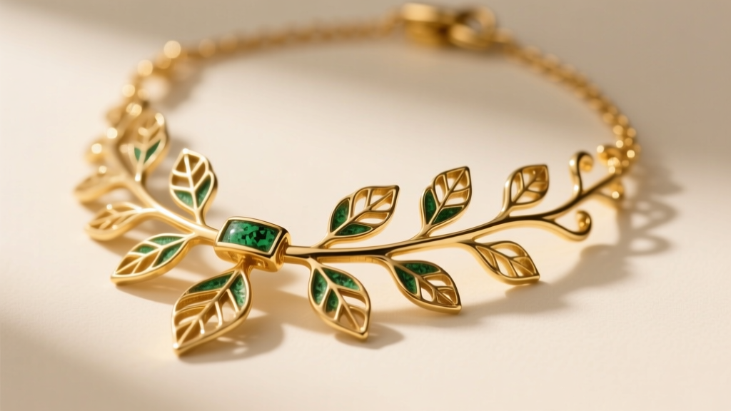Close-up of a gold-plated brass botanical necklace showing slight green oxidation near the clasp under bright warm studio lighting