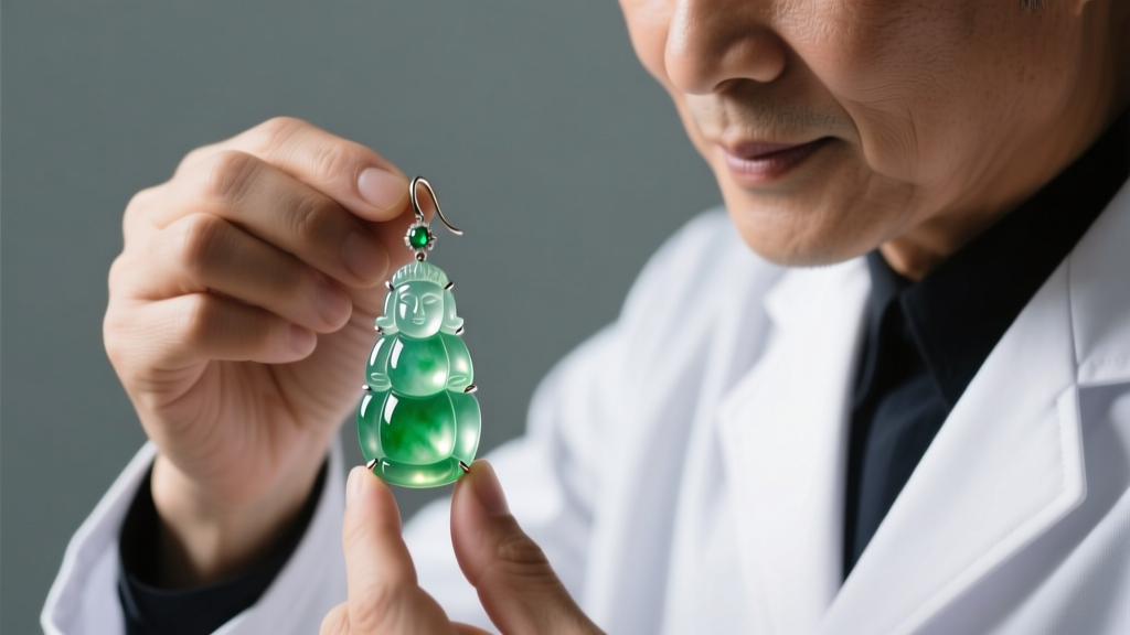 Jeweler examining the translucent green eaves of a Type A jadeite pagoda earring carving under bright gemological studio lighting.