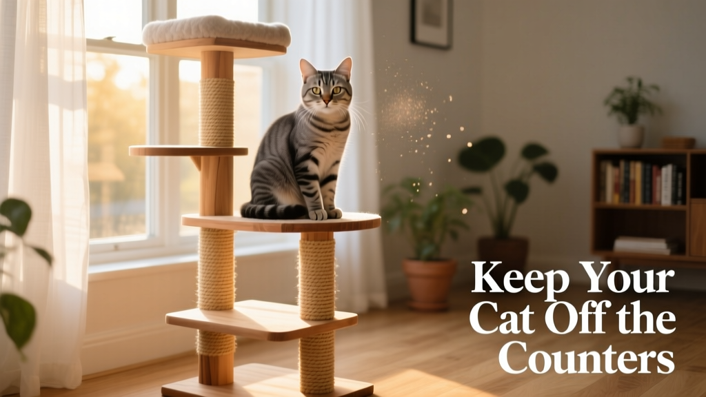 Cat sitting calmly on a tall, multi-level cat tree beside a sunlit window, looking relaxed and engaged