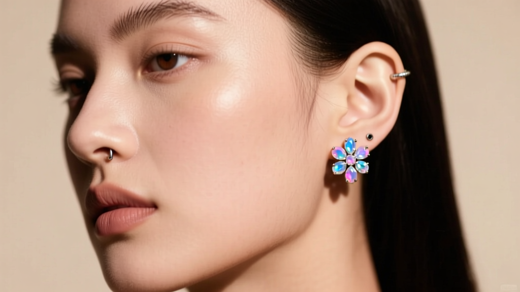 Profile of a model wearing an 18g threadless opal cluster earring in a healed conch piercing under soft, warm studio lighting.