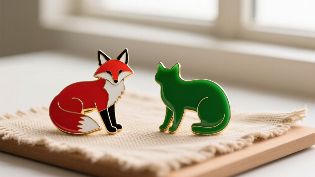 Brightly colored laminated bakelite animal brooches, including a red fox and green cat, displayed on a natural linen fabric board