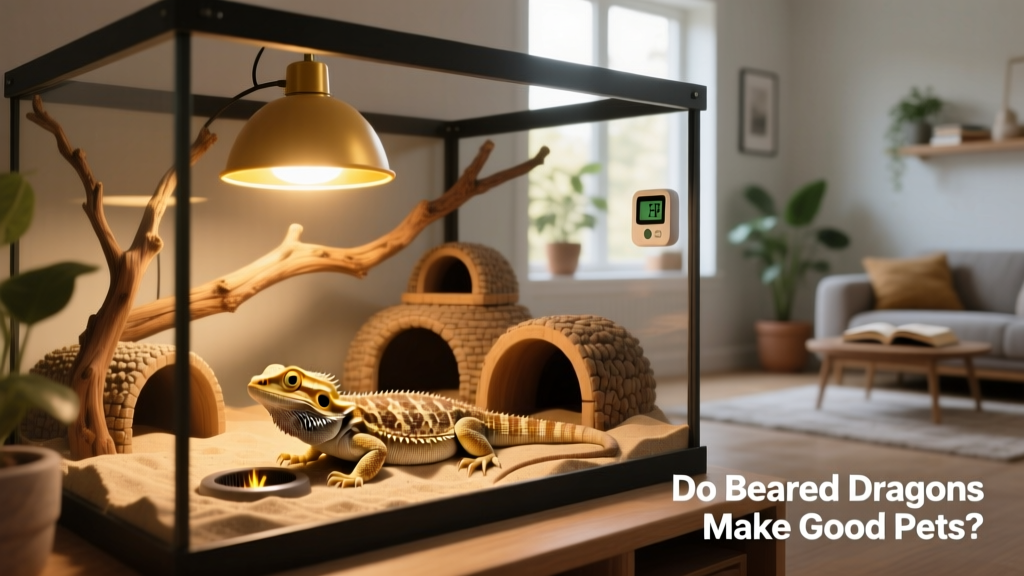 Well-equipped bearded dragon enclosure with basking lamp, branches, hides, and digital thermometer