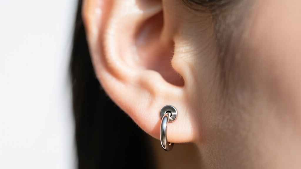 Side profile of an 18-gauge threadless flat back earring inserted in a lower lobe, showing the secure push-pin bend mechanism