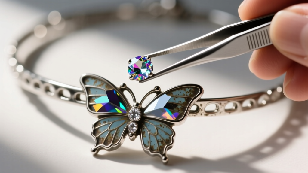Tweezers placing an SS12 Preciosa flatback rhinestone into the empty setting of a tarnished silver-tone Y2K Bratz butterfly choker