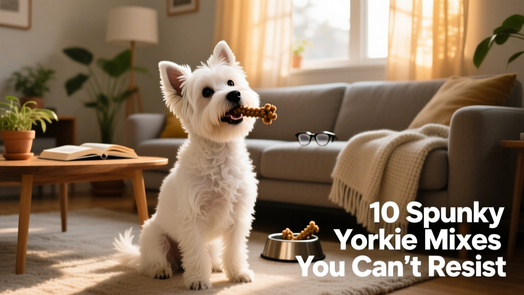 Borkie, Bichon Yorkie mix sitting in living room