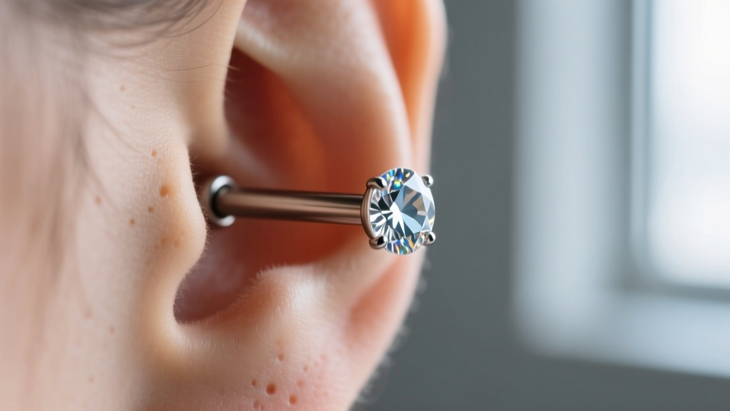Macro photo of a 16g titanium labret in a right helix piercing, showing clean skin and a polished threadless gemstone end
