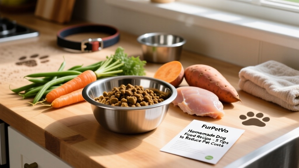 A stainless-steel bowl filled with balanced homemade dog food beside fresh vegetables and lean protein, with a FurPetVo recipe card visible