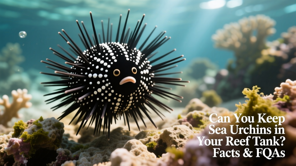 Close-up of a tuxedo sea urchin moving across live rock, showing its distinctive black-and-white patterned test and tube feet