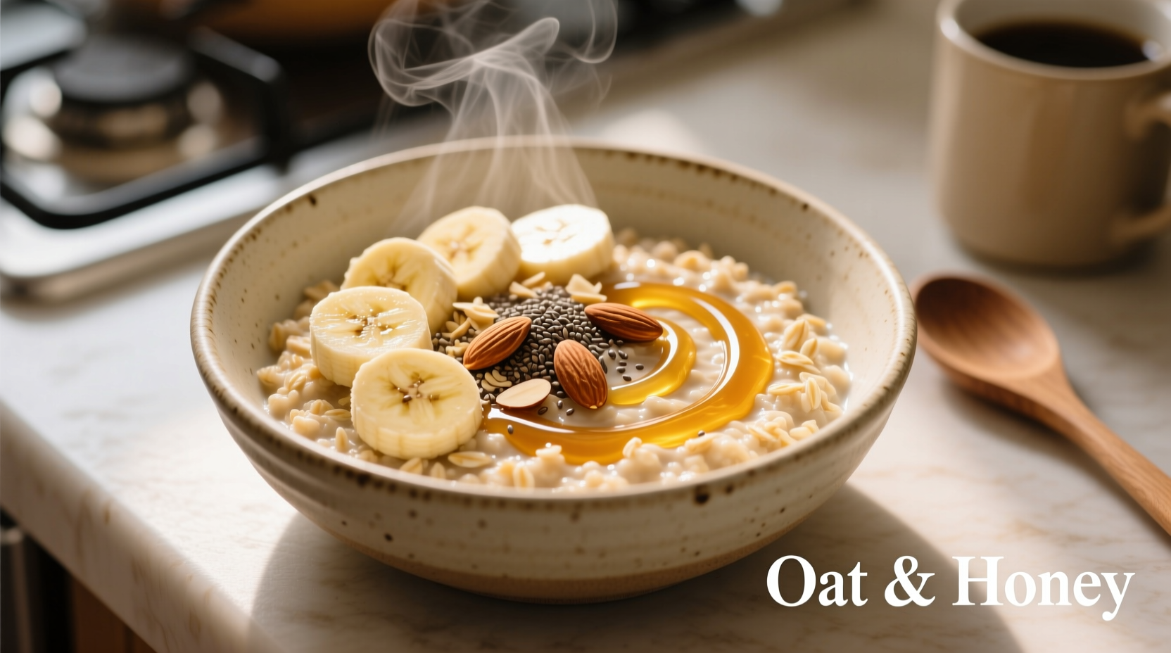 Microwave oatmeal in ceramic bowl with toppings