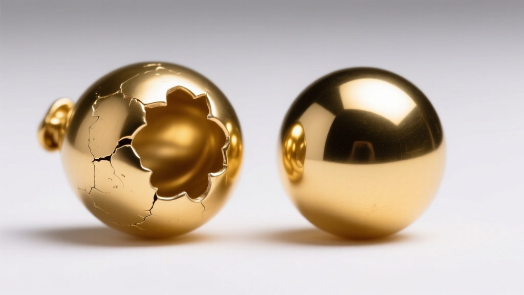 Macro shot of a dented hollow gold balloon bead next to a pristine solid gold spherical bead under bright, diffused studio lighting