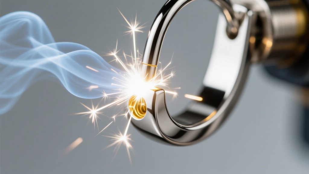Macro photo of a laser welding pulse hitting a platinum earring post joint, showing a tiny bright spark and argon shielding gas.