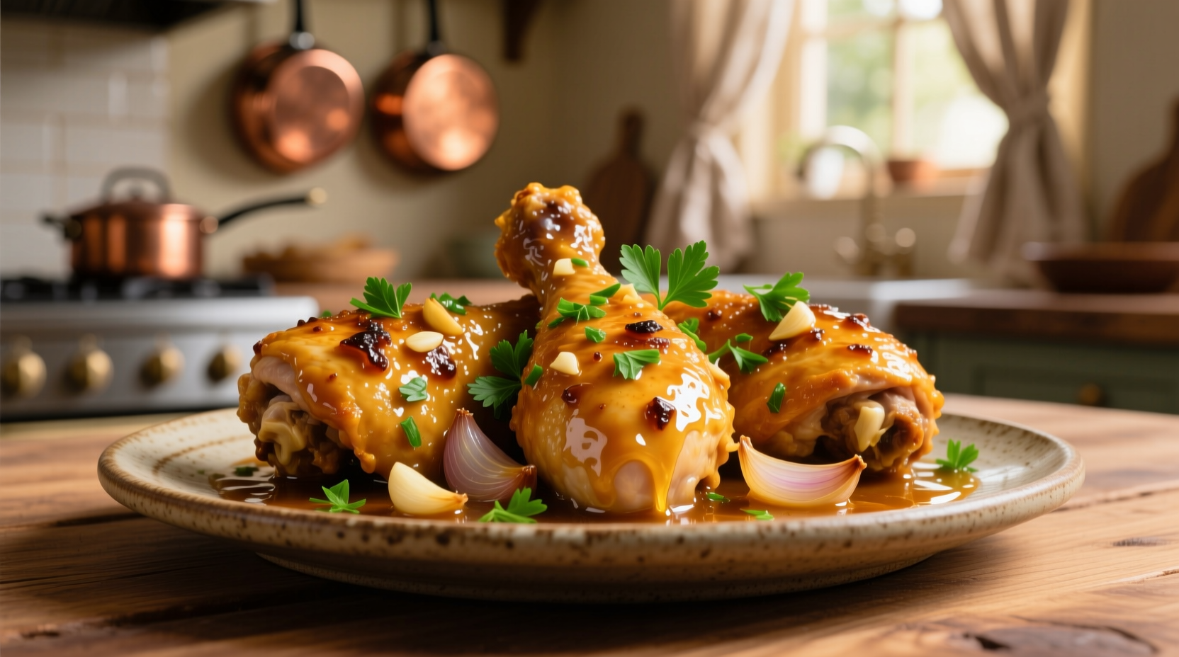 Golden chicken thighs in garlic sauce with fresh parsley