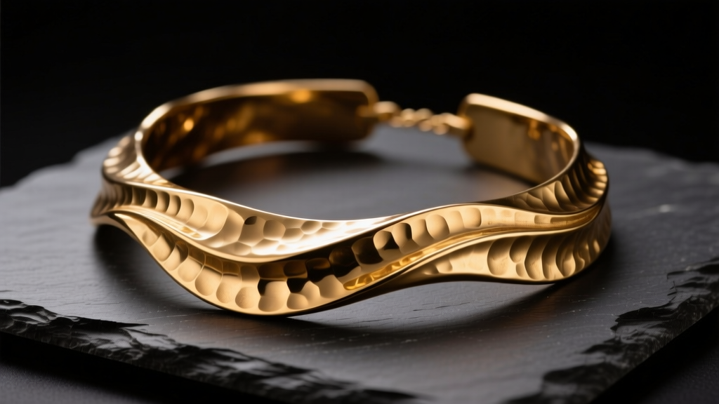 Close-up of a thick, hammered brass statement collar necklace resting on a dark slate surface, illuminated by soft, directional studio lighting