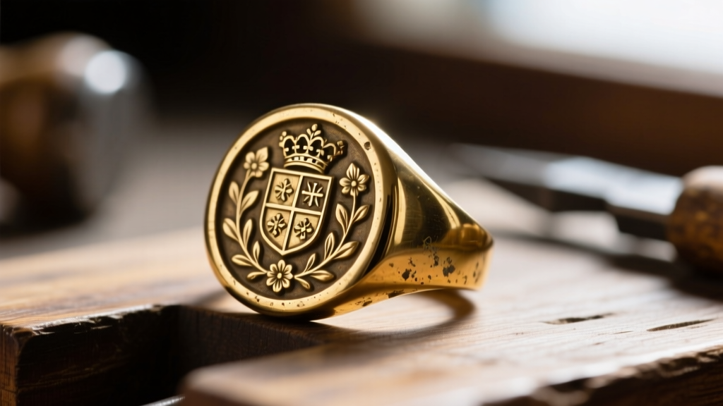 Macro shot of a vintage gold-plated brass signet ring inspected under a jeweler