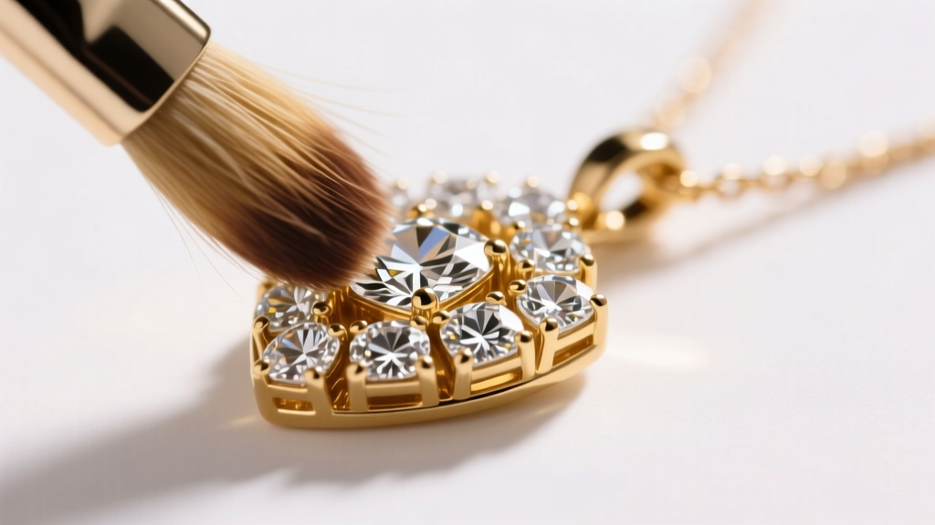 Close-up of a soft brush gently cleaning cubic zirconia pavé details on a gold-plated brass necklace pendant under warm lighting