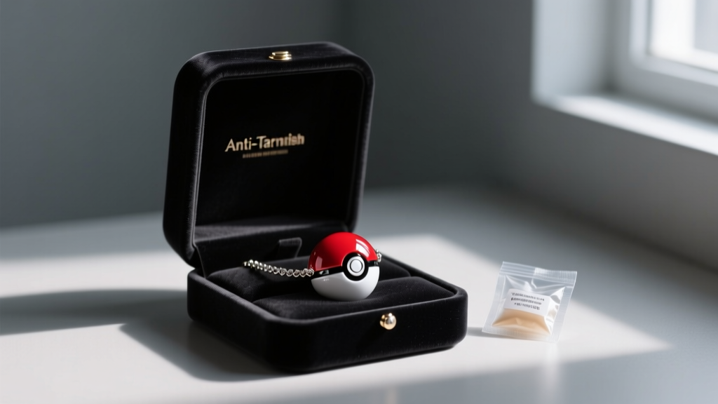 Open anti-tarnish velvet box containing a polished pokeball necklace, stored alongside a silica gel packet in a dimly lit room.