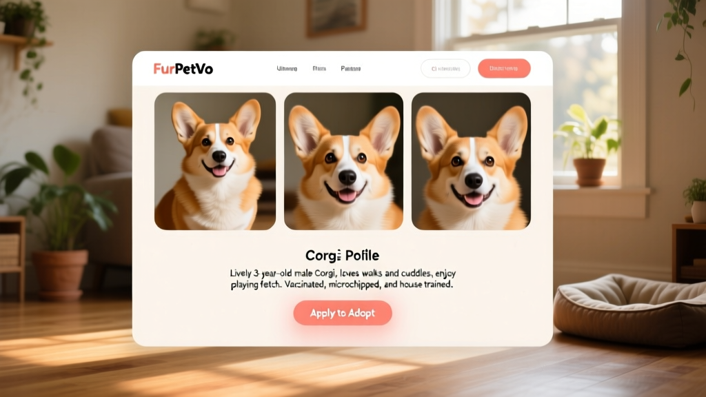 A clean, user-friendly screenshot of the FurPetVo website showing a Corgi's profile page with photos, bio, and 'Apply to Adopt' button