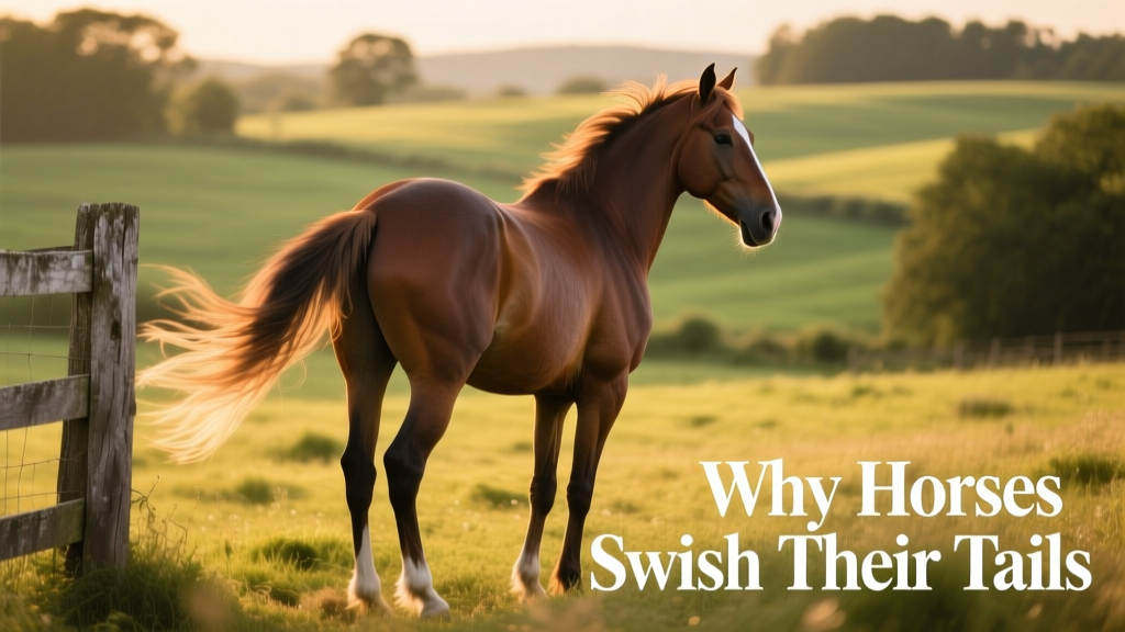 Horse swishing its tail in a sunny pasture while standing near a fence