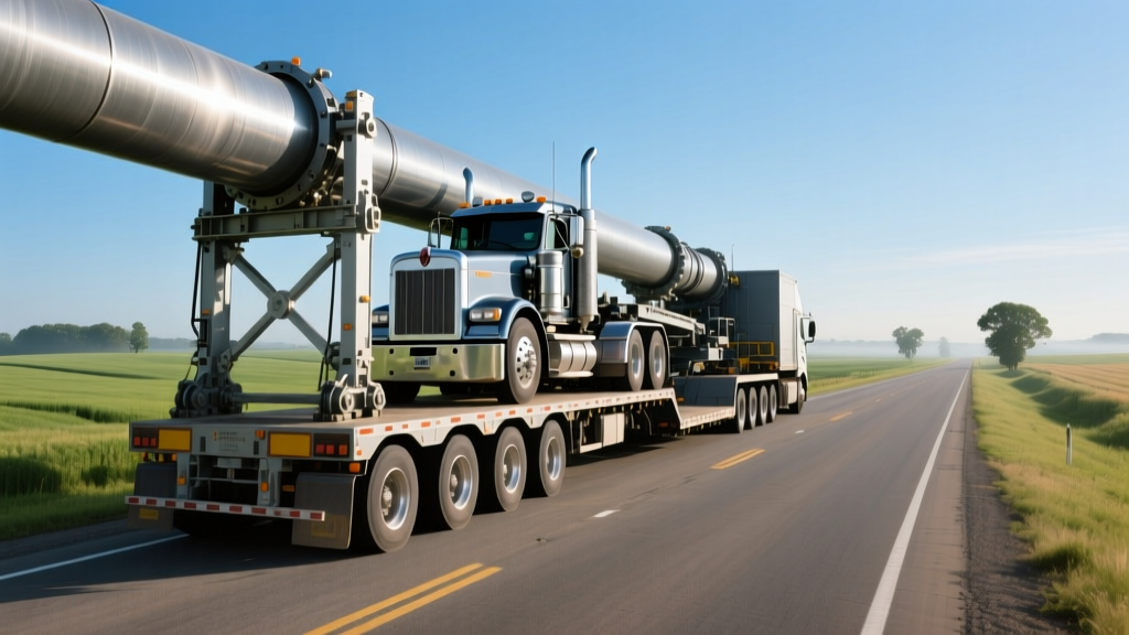Multi-axle lowboy trailer transporting a large pipeline sideboom tractor on a rural two-lane highway during daylight