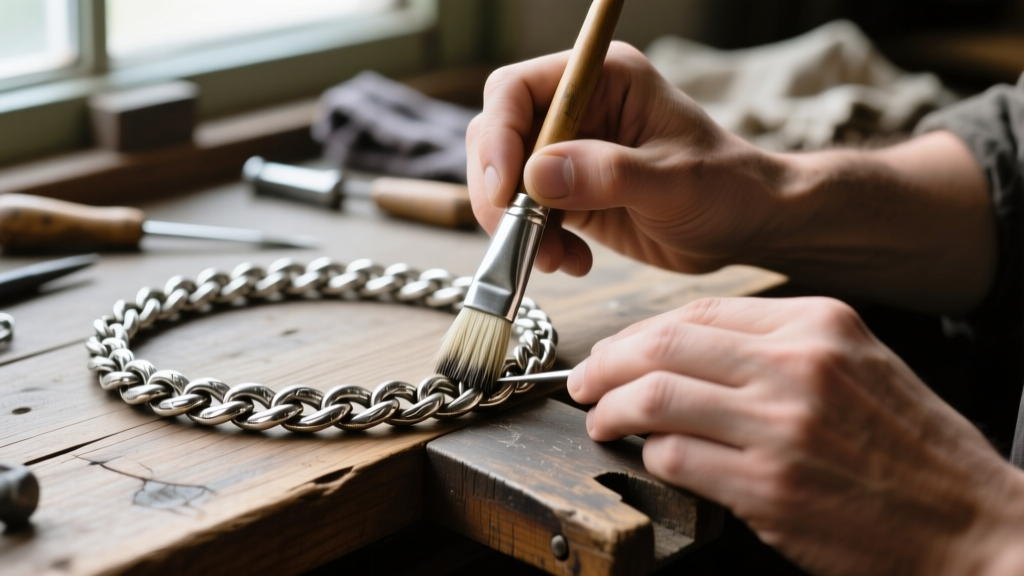 Hands using a soft brush to clean deep crevices of a tarnished sterling silver braided chain on a wooden jeweler bench