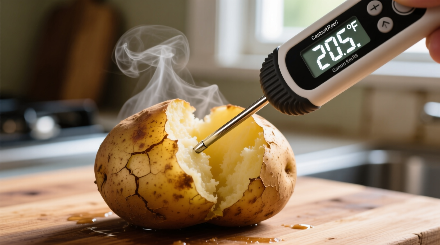 Instant-read thermometer measuring baked potato temperature