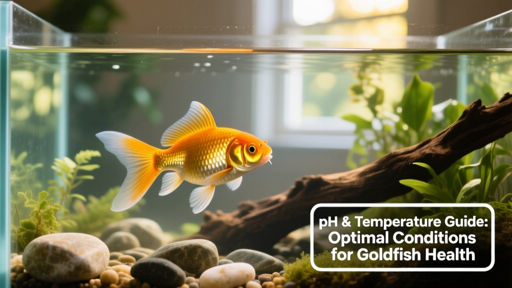 A healthy goldfish swimming gracefully in a well-maintained aquarium with clear water and natural-looking decor
