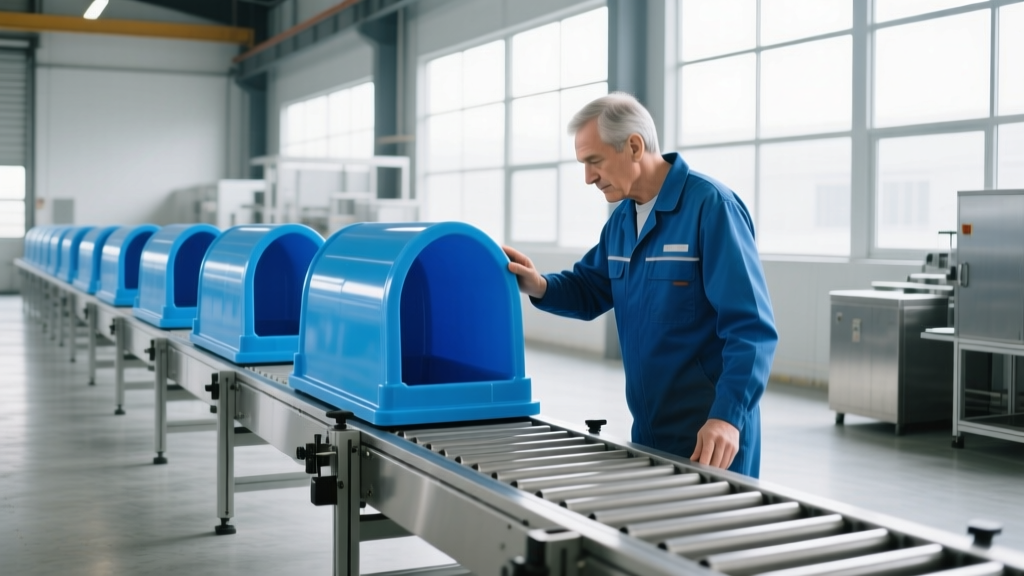 Factory worker performing quality control on rotationally molded polyethylene calf hutches on a U-shaped assembly line