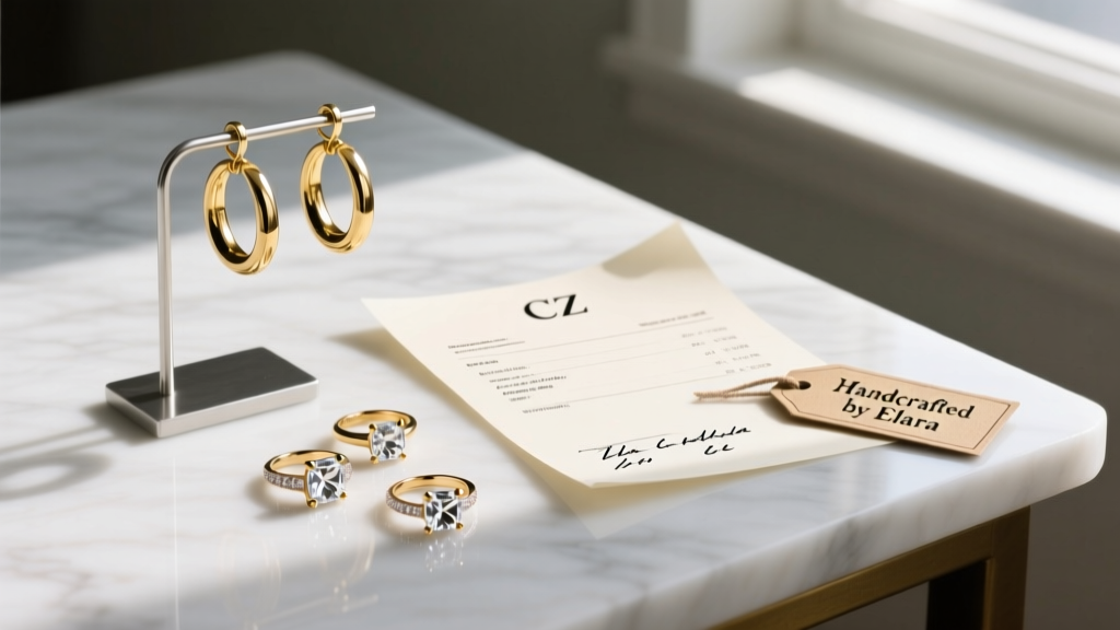 Flat-lay of gold-plated brass hoop earrings and CZ rings on a marble desk beside a supplier invoice and jeweler's loupe