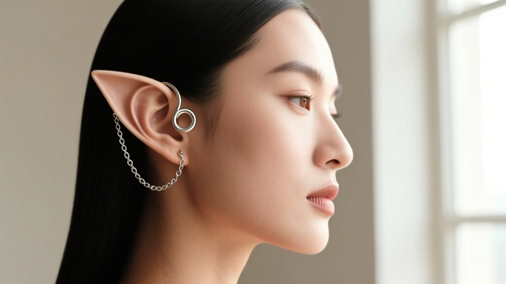 Side profile of a model wearing a layered elf ear look, combining a thin helix-to-lobe chain with a minimalist upper ear cuff.