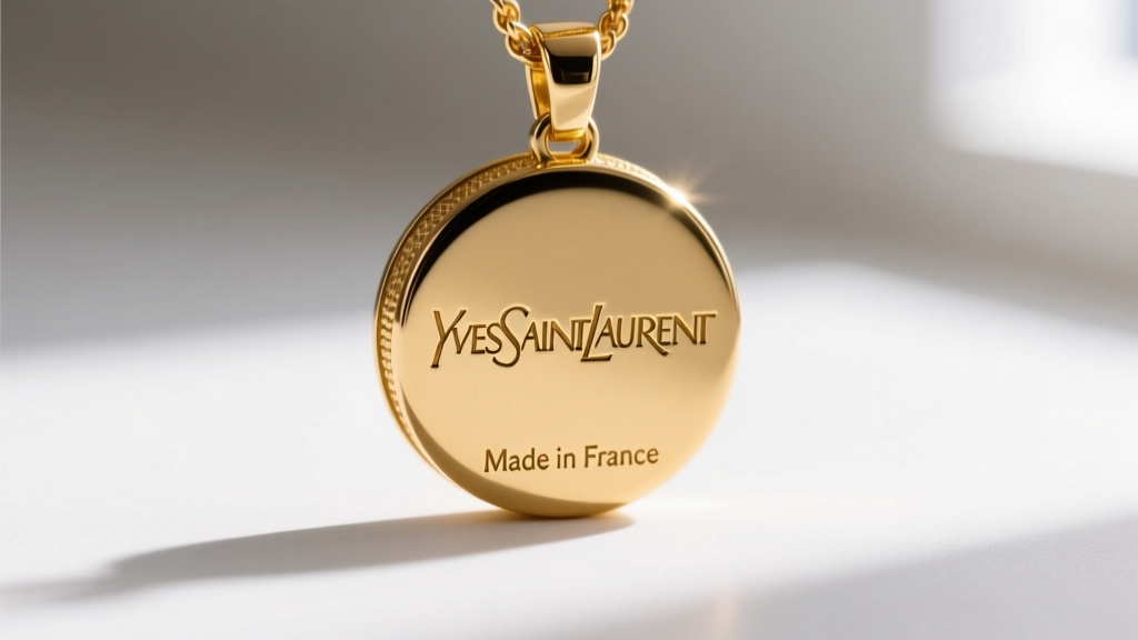 Macro photography of the back of a YSL gold pendant showing the engraved YVES SAINT LAURENT hallmark and Made in France stamp.