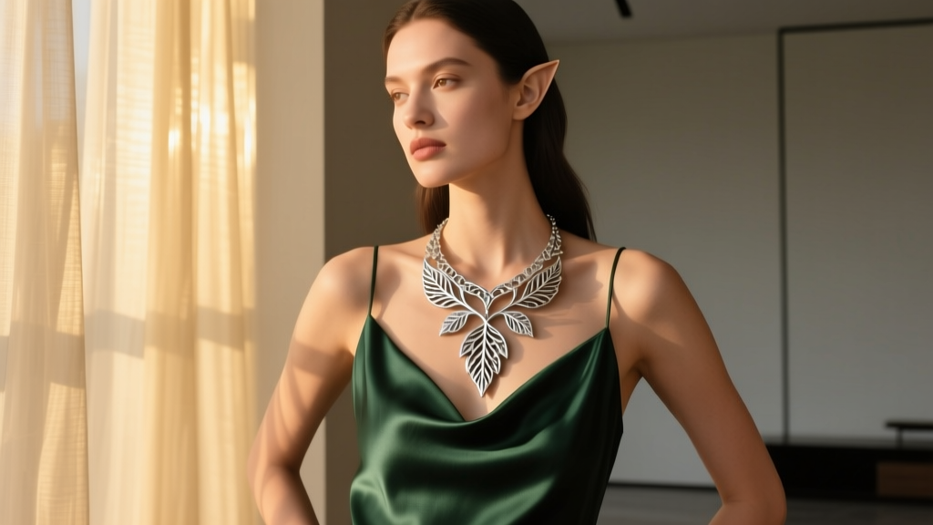Model wearing layered rhodium-plated silver elven leaf pendant necklace over dark green silk slip dress in cinematic lighting