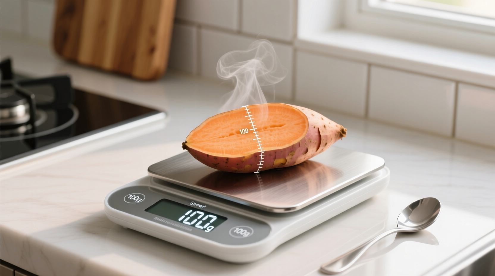 Measuring low FODMAP sweet potato portion on kitchen scale