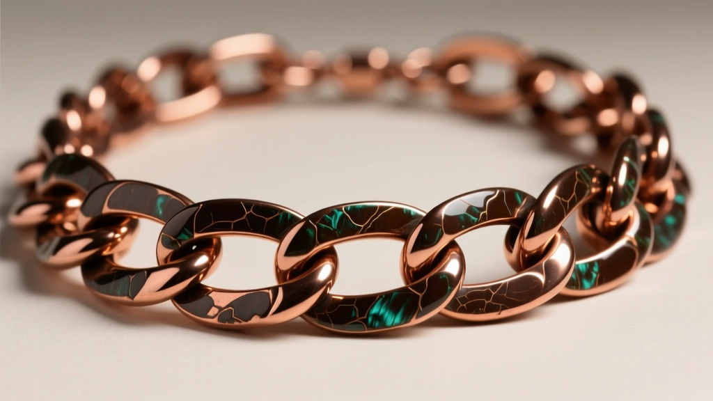 Copper chain necklace showing rich dark brown tenorite patina on edges with bright polished copper highlights in the center links
