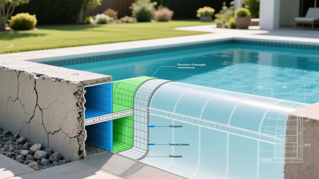 Technical cross-section blueprint overlaying a cured shotcrete pool shell beside a manufactured fibreglass pool shell in a yard