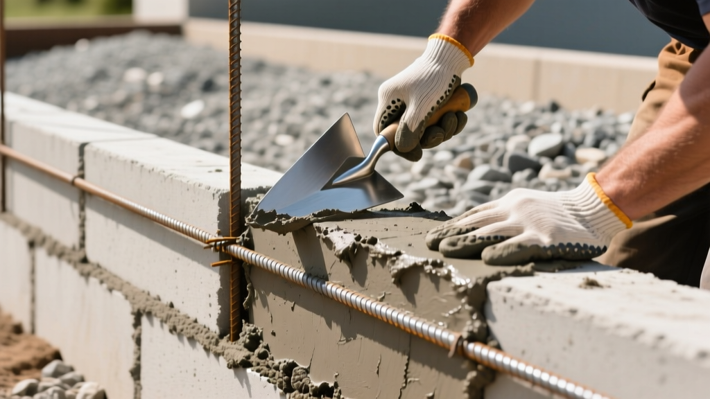 Mason troweling Type S mortar onto a reinforced 8-inch concrete masonry unit retaining wall with exposed #5 rebar and gravel backfill