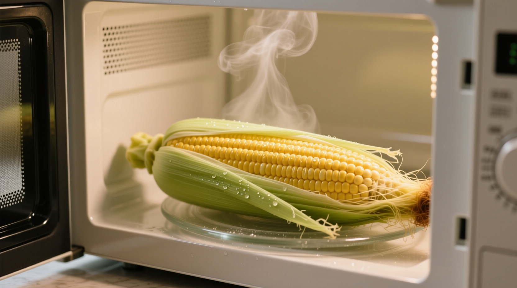 Fresh sweet corn in microwave with husk intact