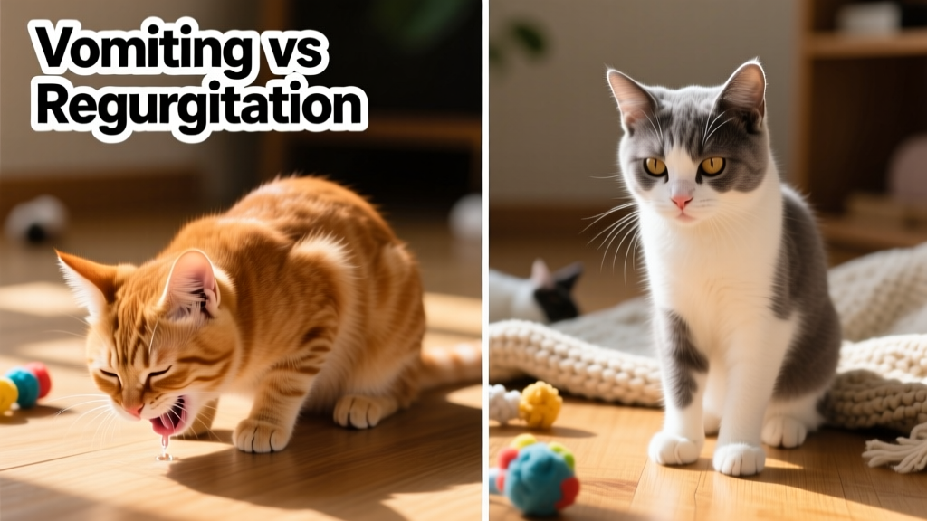 Side-by-side comparison showing typical signs of vomiting (cat crouched, head down, abdominal effort) versus regurgitation (cat standing calmly, head lowered, no effort)