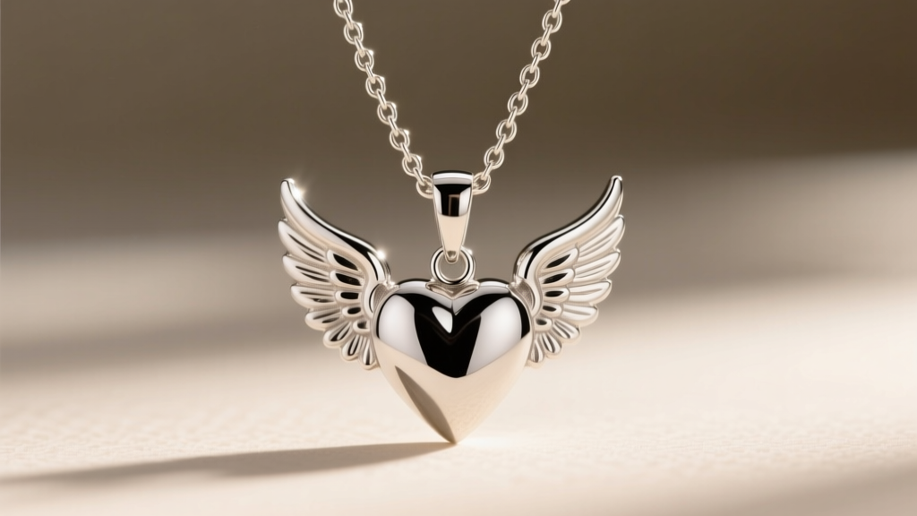A 2.0mm platinum wheat chain threaded through the bail of a heavy platinum angel wings heart pendant, captured from a low angle.