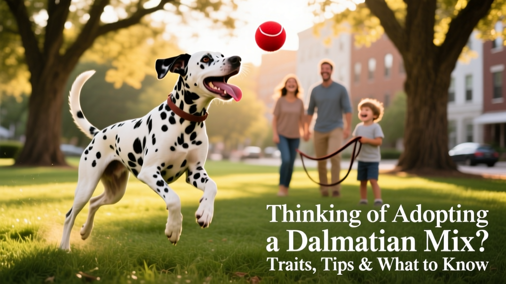 A joyful, energetic Dalmatian mix playing fetch in a sunlit park