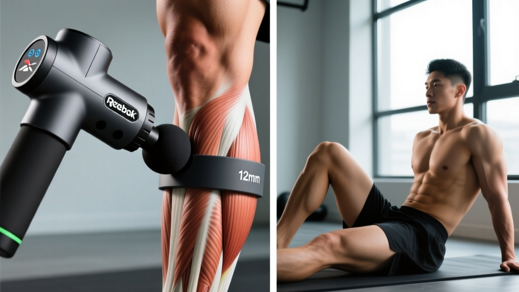 Side-by-side comparison of the Reebok percussion massager flat head attachment pressing into a calf muscle, demonstrating the 12mm amplitude depth during a recovery session.