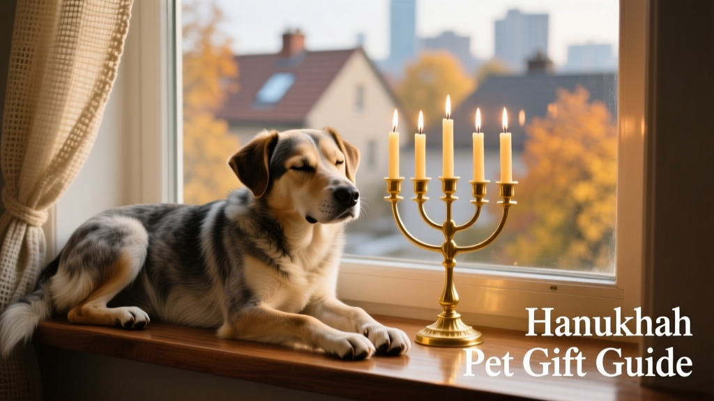 A mixed-breed dog resting peacefully beside a lit menorah on a windowsill, soft light reflecting off their fur