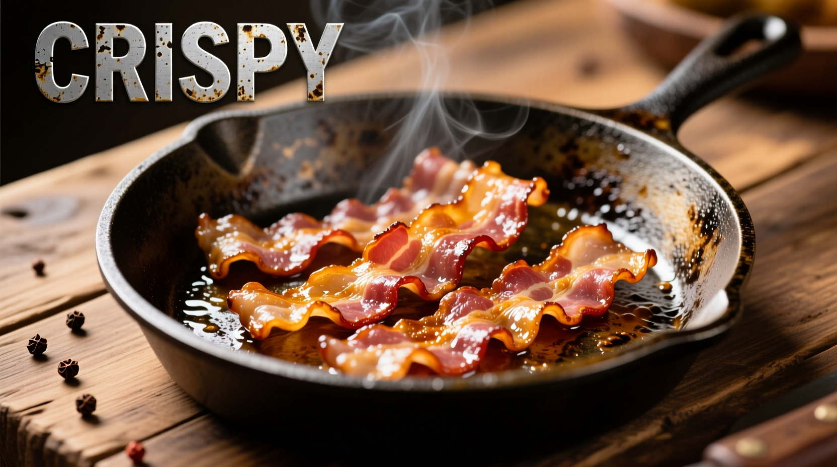Crispy golden bacon strips in cast iron skillet