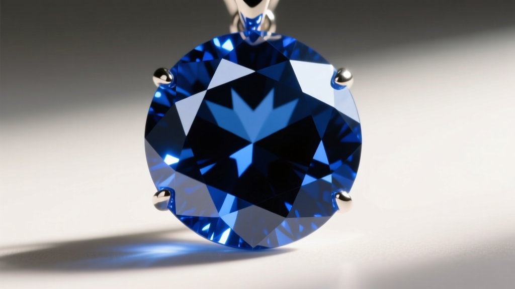 Macro shot of a deep-cut blue sapphire pendant showing dark light extinction in the center against bright edge facet reflections.