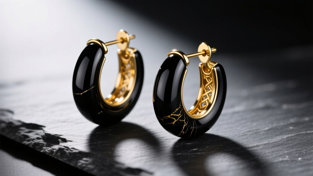 Macro shot of black onyx hoop earrings with 14k gold hinges resting on dark slate under soft directional lighting, high contrast