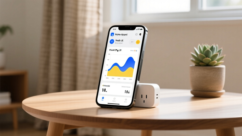 Smartphone displaying Home Assistant dashboard with energy monitoring graphs from Shelly Plug US tracking living room space heater usage