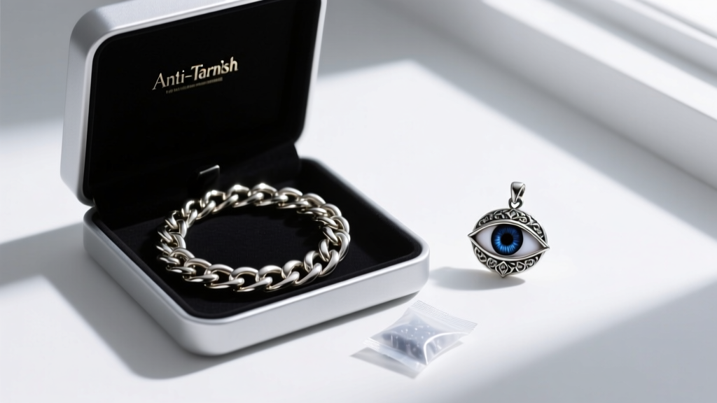 Open anti-tarnish storage box containing a heavy chain necklace and a mystical eye pendant, with a small silica gel packet nearby.
