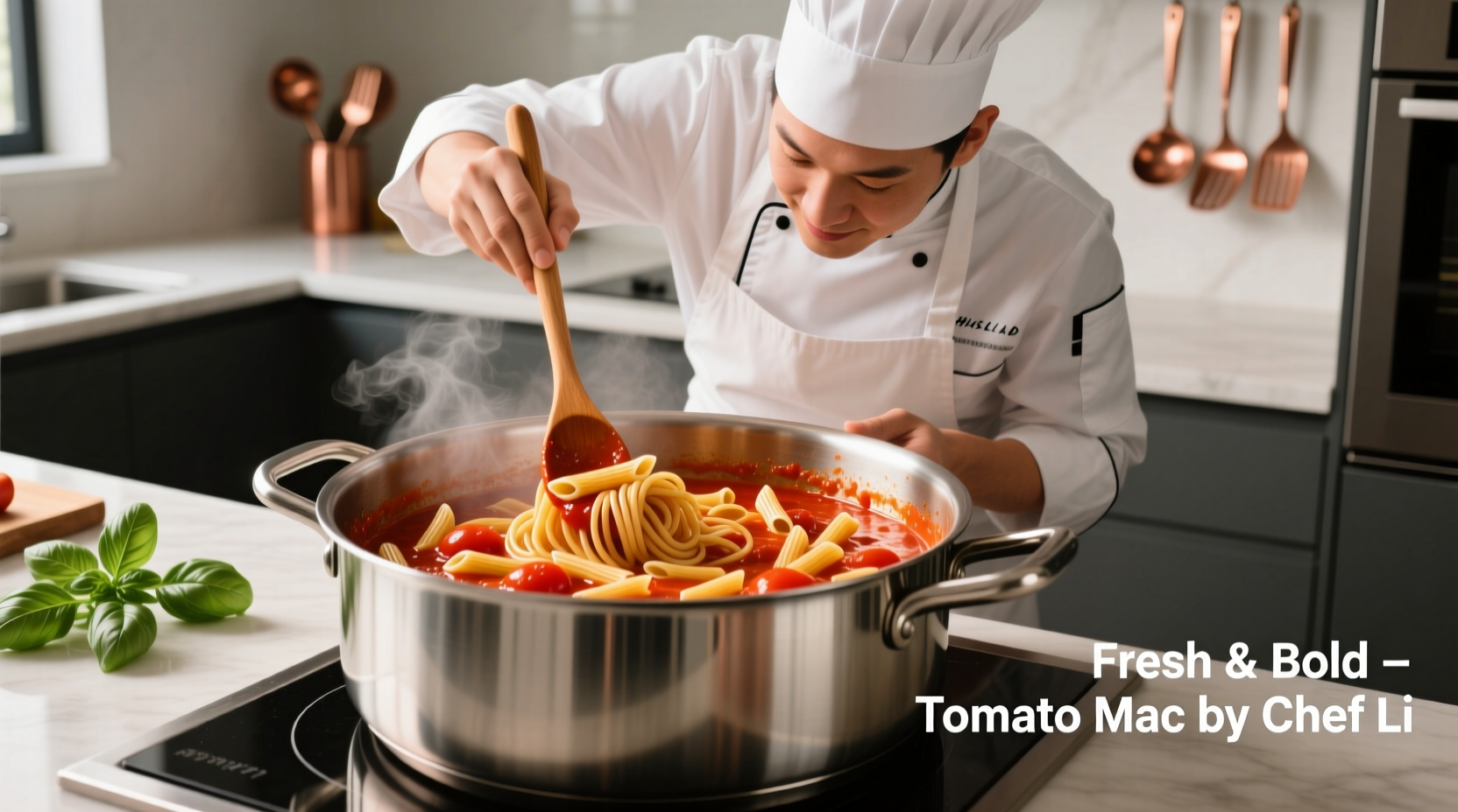 Chef preparing vibrant tomato mac in stainless steel pot