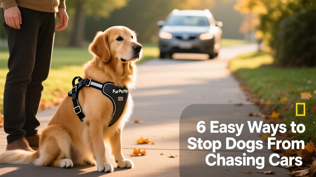 Happy dog wearing a FurPetVo SecureStep Harness, sitting calmly beside owner on a paved path with a car visible in the far background