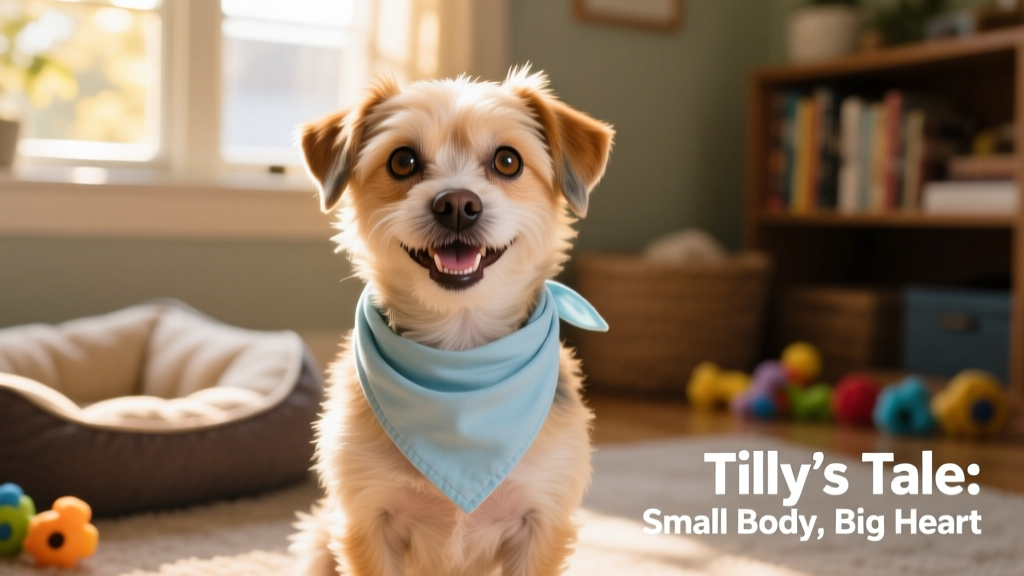 Tilly wearing a soft blue bandana, smiling at the camera with bright eyes